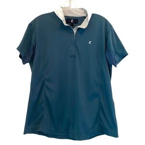 Horze Equestrian Show Shirt Women Sz 14 Teal‎ Blue Short Sleeve Snap Performance